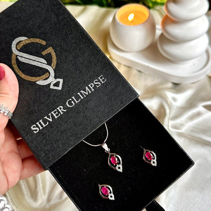 Red Ruby Silver Pendant Set