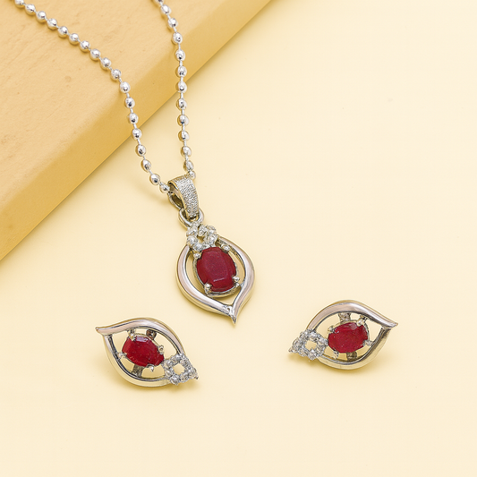 Red Ruby Silver Pendant Set